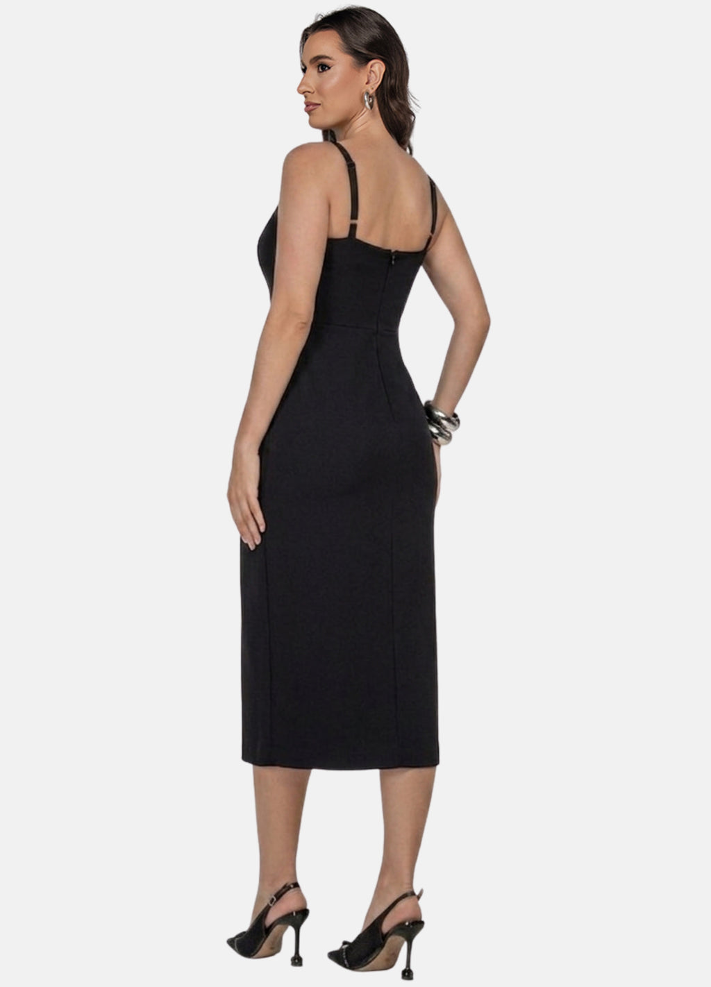 VESTIDO MIDI COM RECORTES NA SAIA E BOLSO