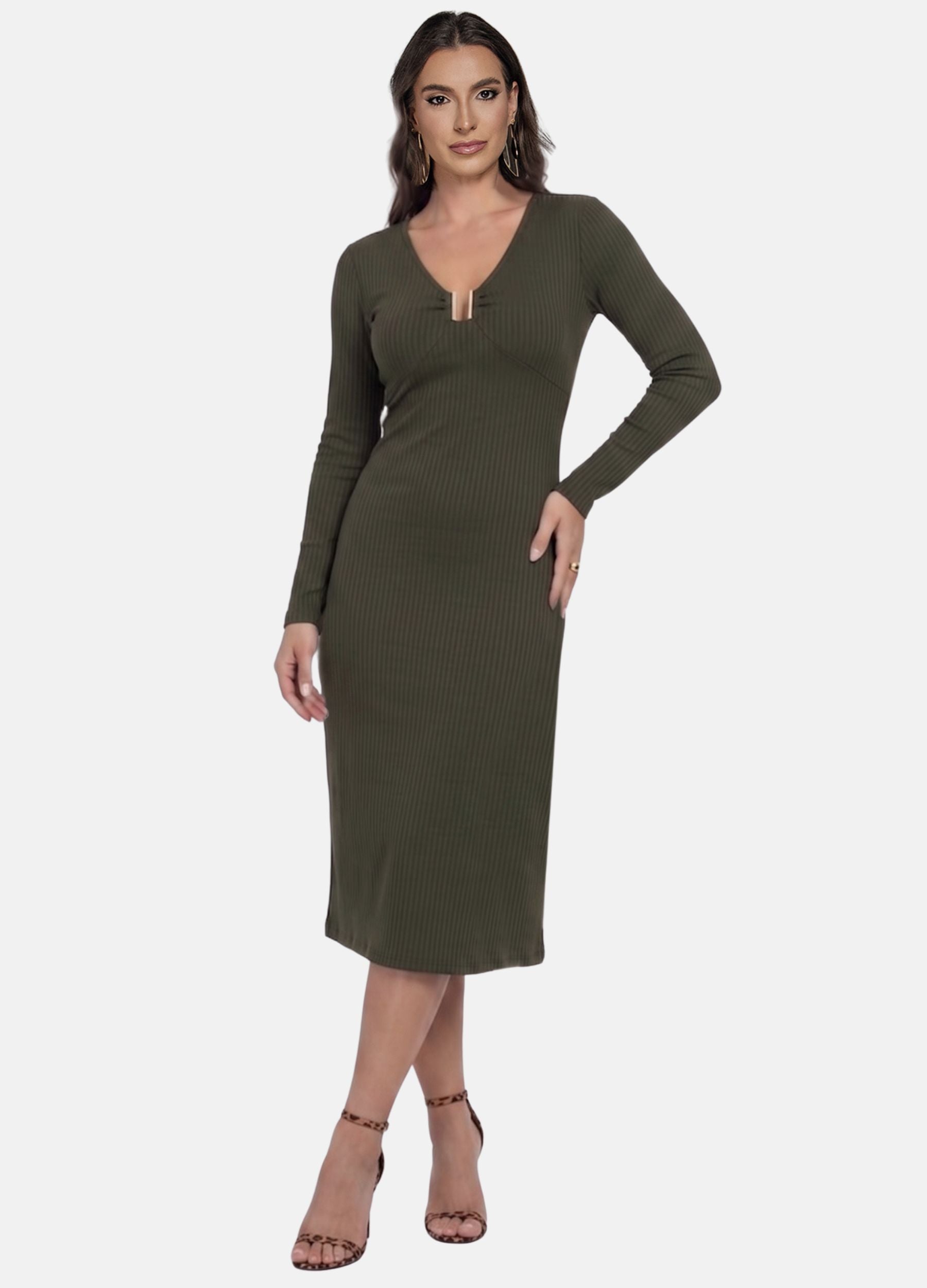 VESTIDO MIDI CANELADO MANGA LONGA COM FIVELA