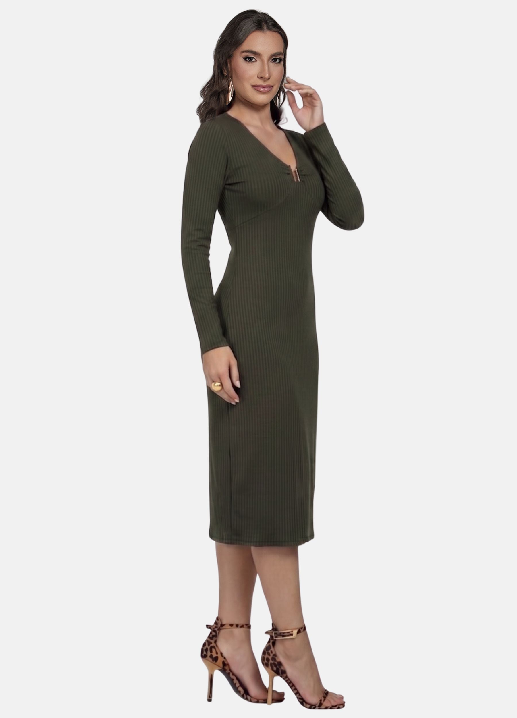 VESTIDO MIDI CANELADO MANGA LONGA COM FIVELA