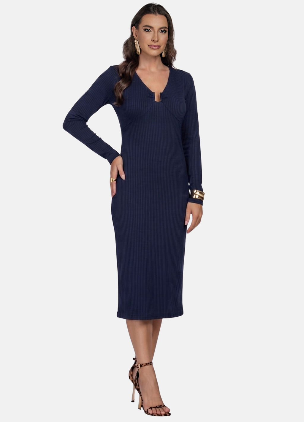 VESTIDO MIDI CANELADO MANGA LONGA COM FIVELA