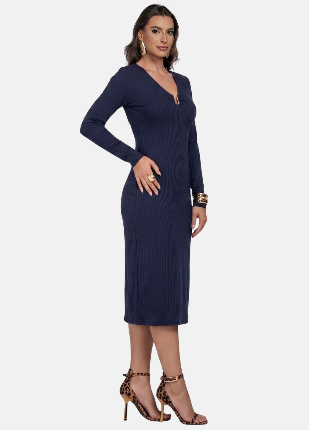 VESTIDO MIDI CANELADO MANGA LONGA COM FIVELA