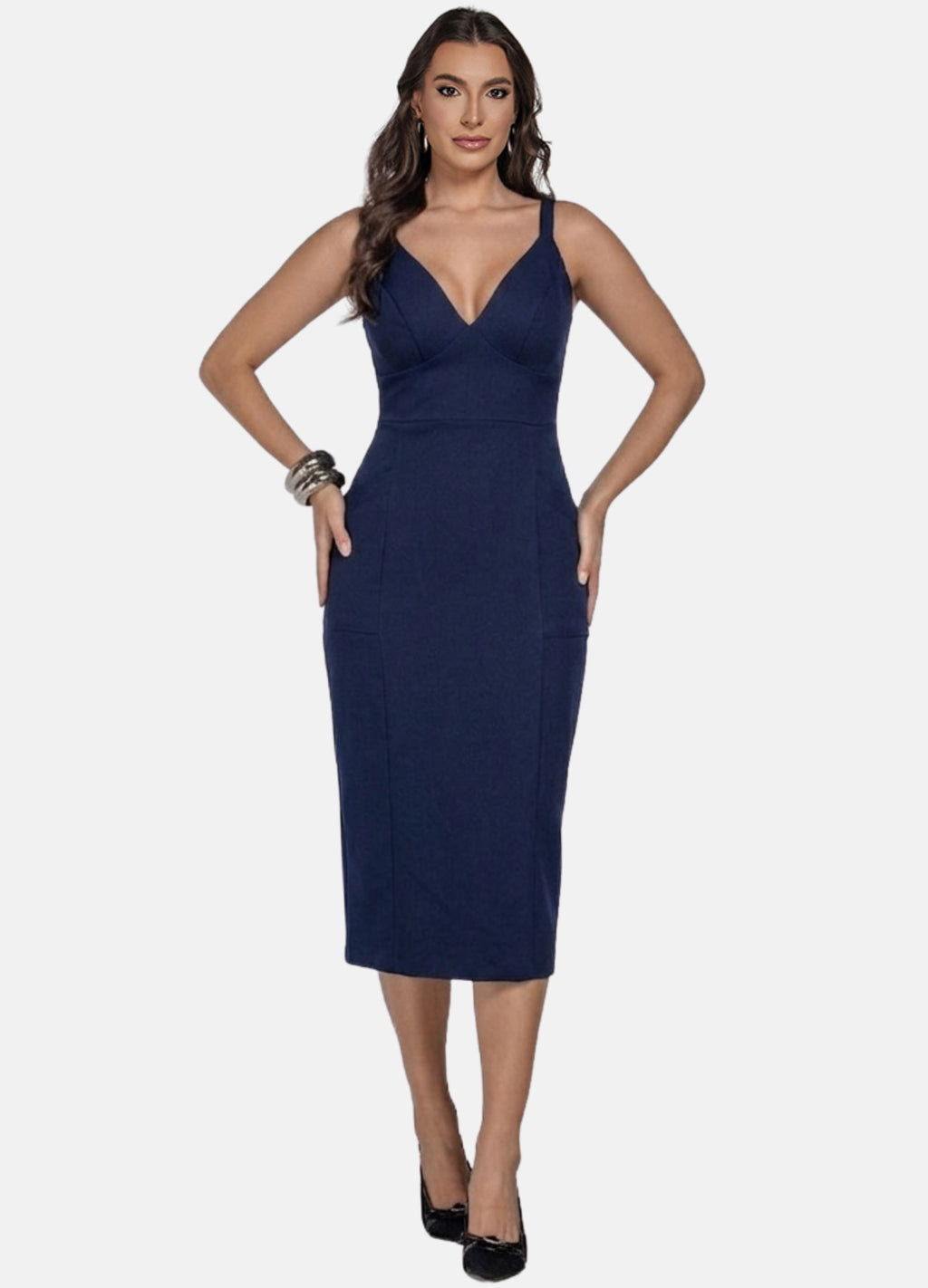 VESTIDO MIDI COM RECORTES NA SAIA E BOLSO