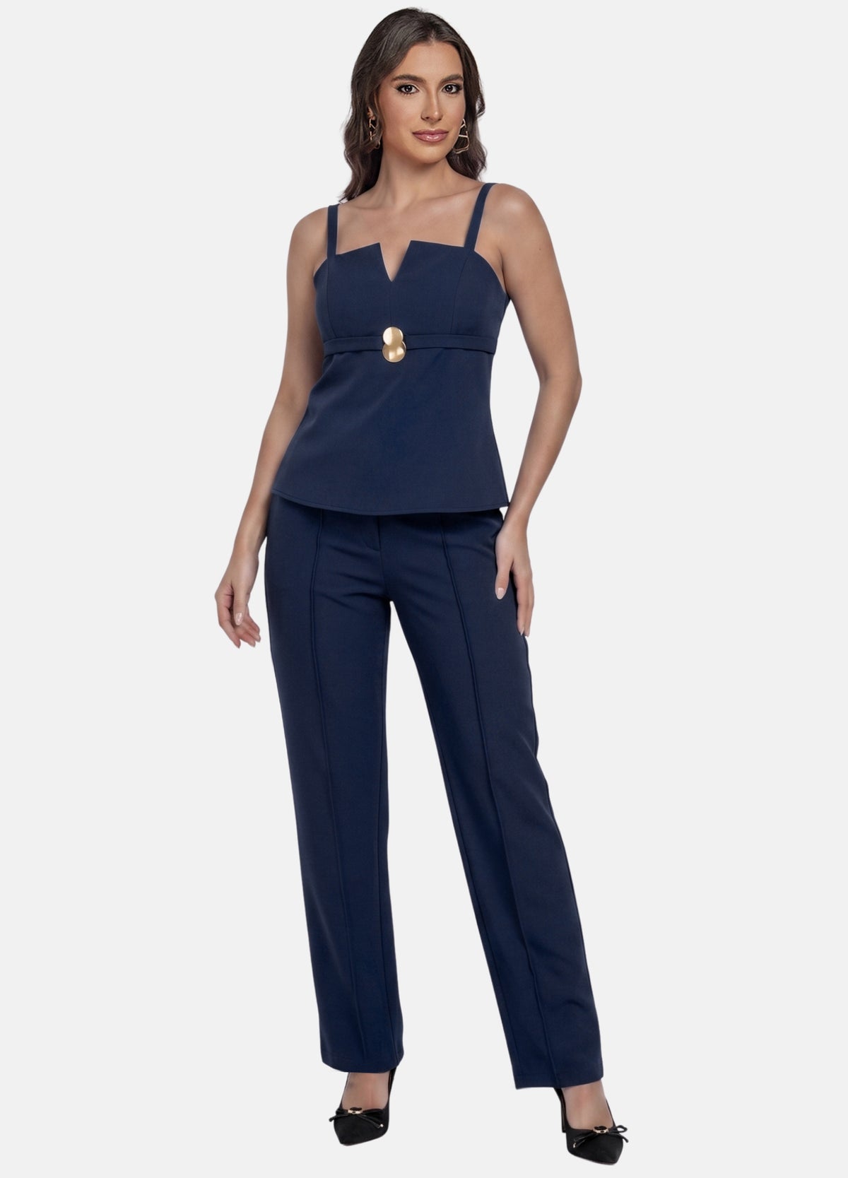 CONJUNTO FEMININO CALÇA E BLUSA COM FIVELA