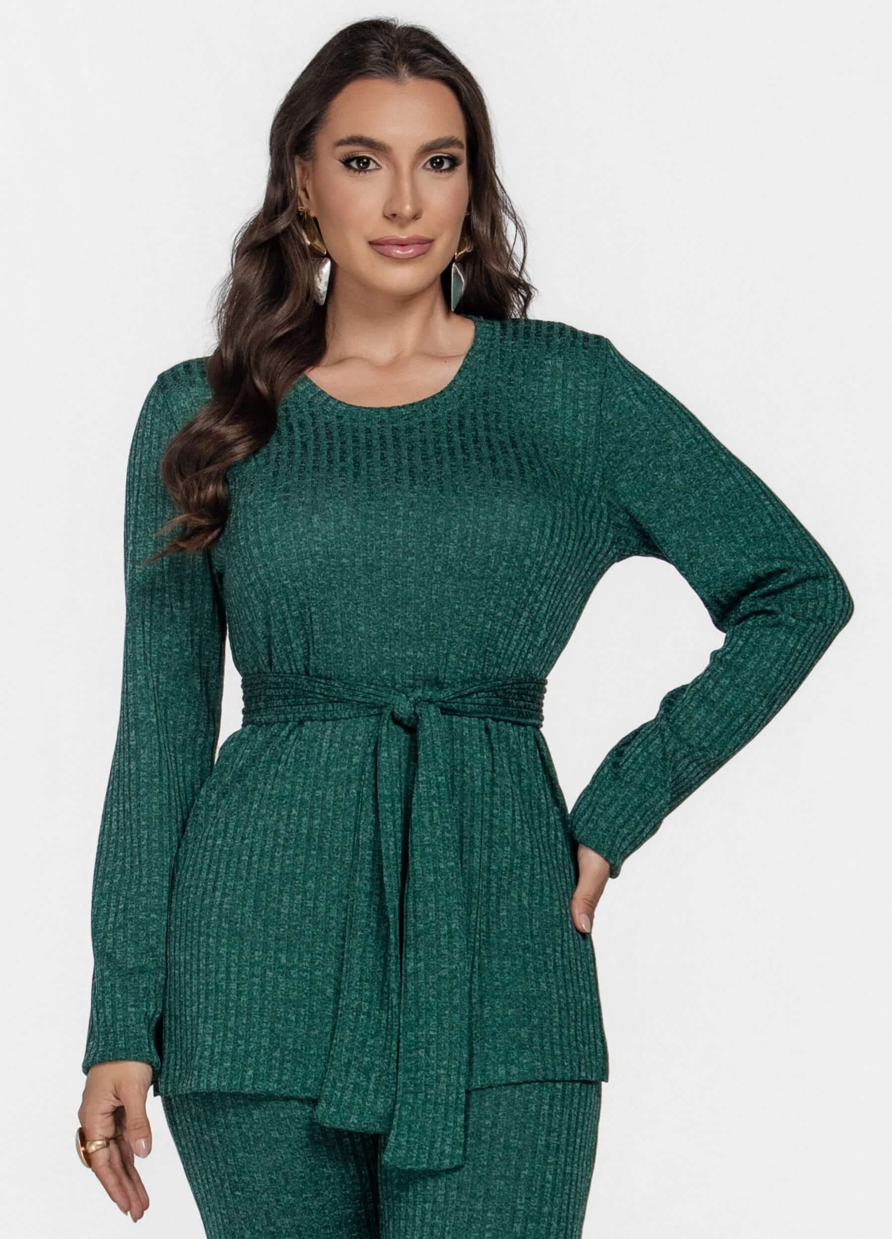 CONJUNTO FEMININO CANELADO CALÇA E BLUSA MANGA LONGA