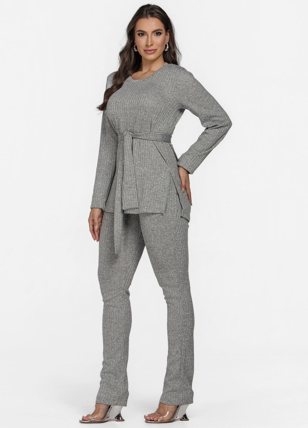 CONJUNTO FEMININO CANELADO CALÇA E BLUSA MANGA LONGA
