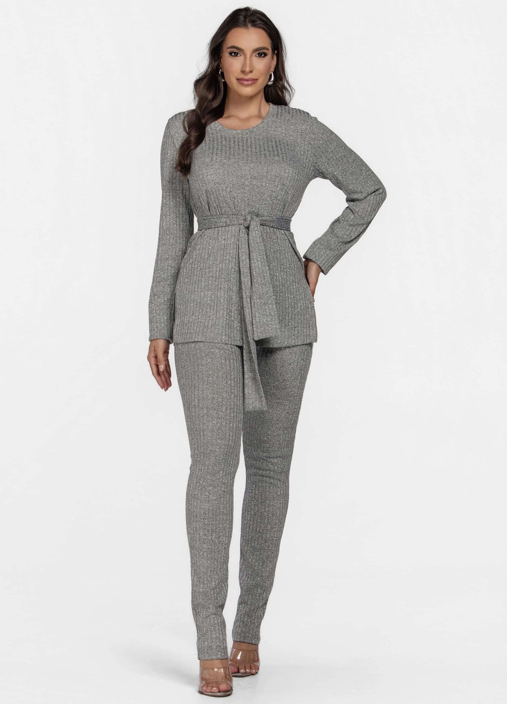 CONJUNTO FEMININO CANELADO CALÇA E BLUSA MANGA LONGA