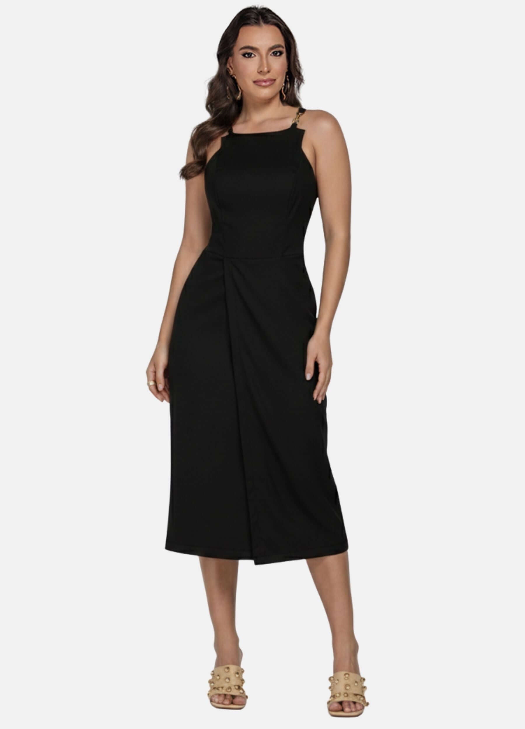 VESTIDO MIDI COM FIVELA NAS ALÇAS