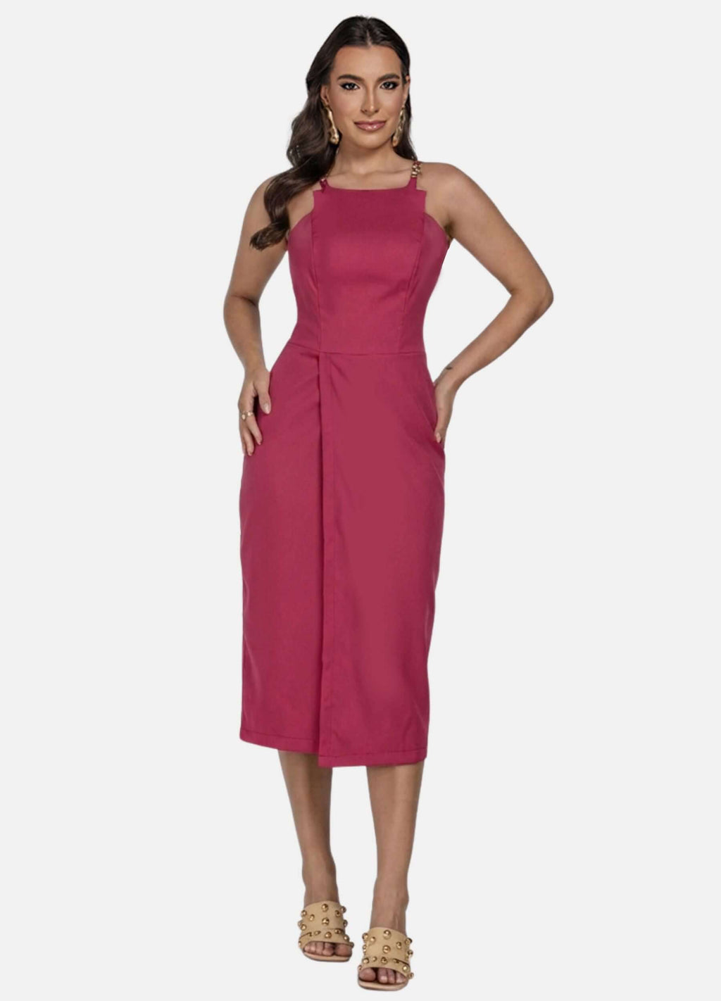VESTIDO MIDI COM FIVELA NAS ALÇAS