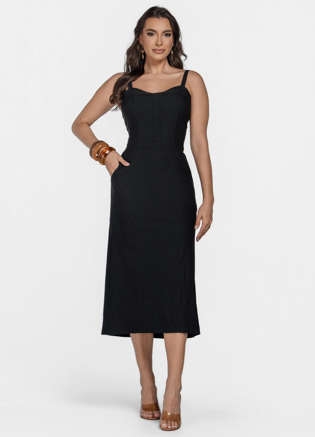 VESTIDO MIDI COM PALA NO DECOTE E BOLSO