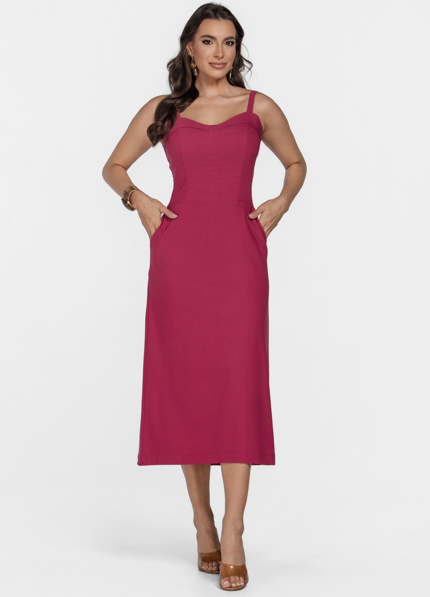 VESTIDO MIDI COM PALA NO DECOTE E BOLSO