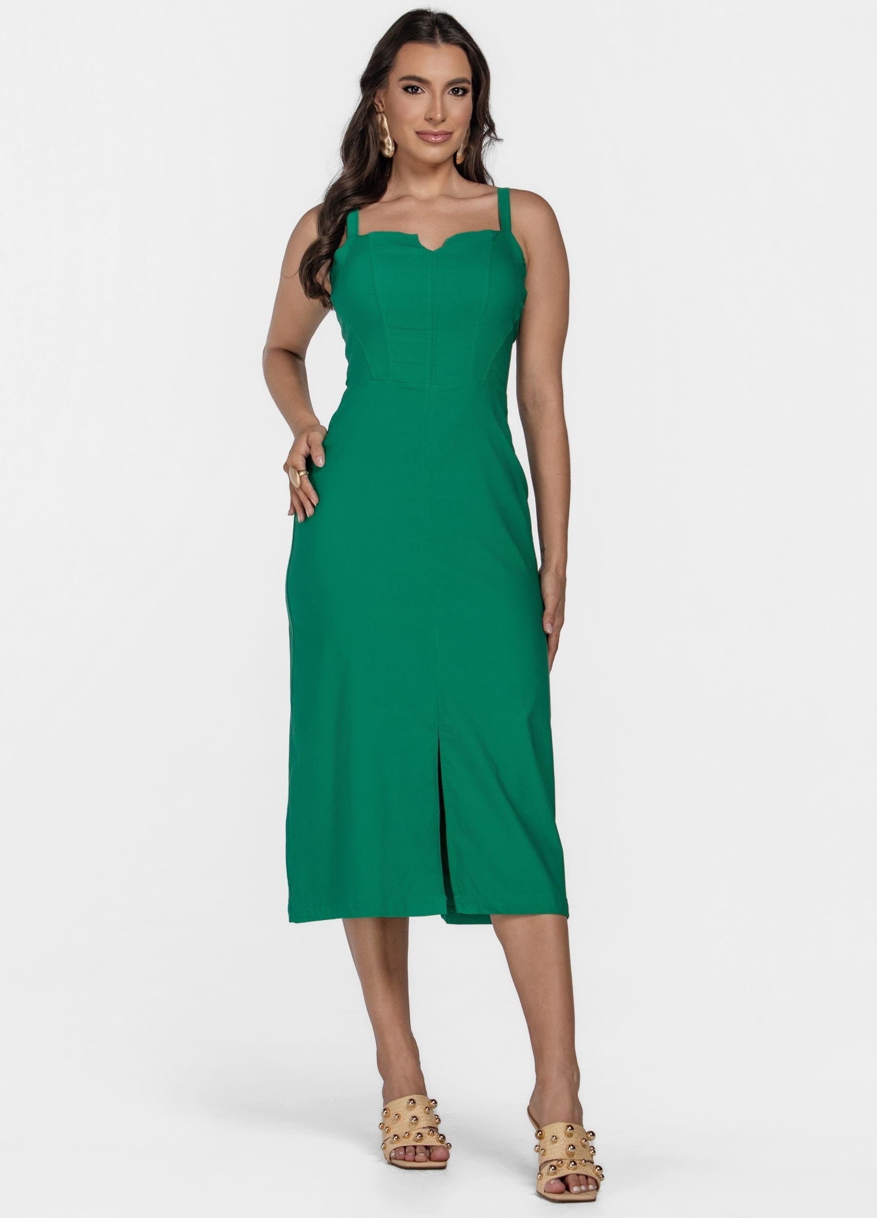 VESTIDO MIDI COM RECORTES E ABERTURA NO DECOTE