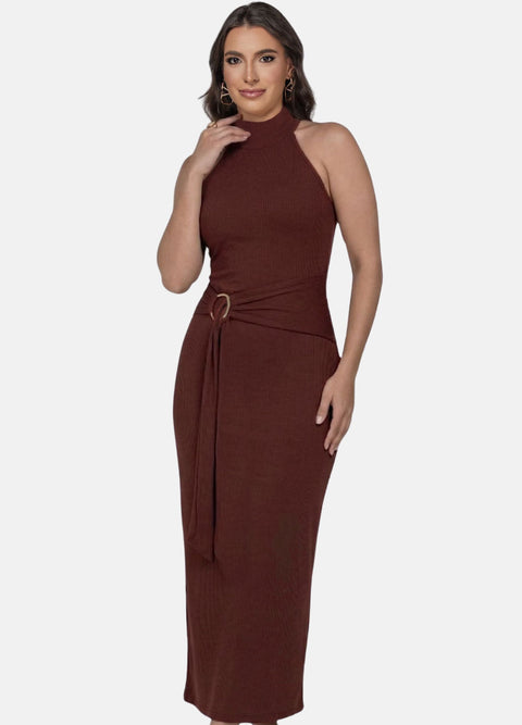 VESTIDO MIDI CANELADO GOLA ALTA COM ARGOLA OFERTA 24H